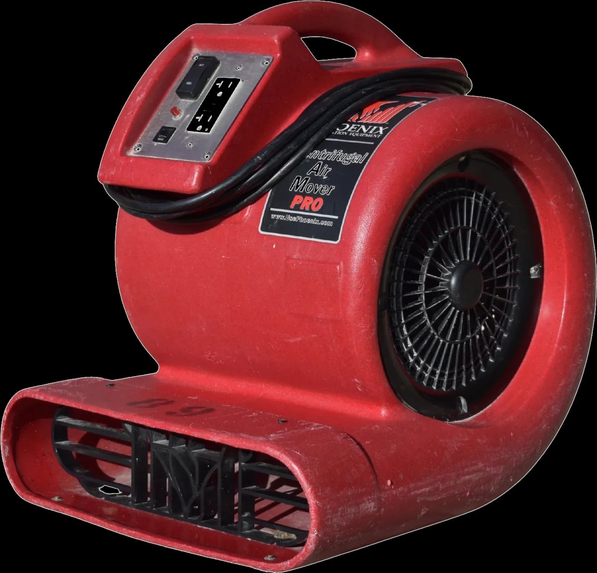 A red centrifugal air mover